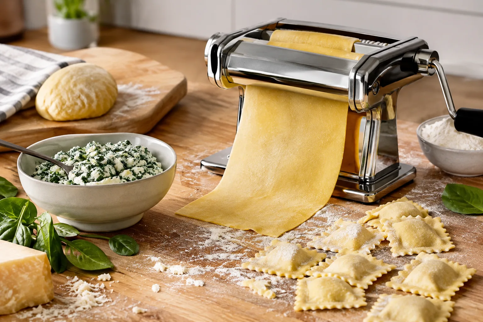 Ravioli mit der Nudelmaschine: Ricotta-Spinat-Fuellung klassisch zubereiten